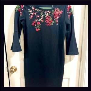 SPENSE size 10 mid length sleeve black dress with red, green & beige embroidery